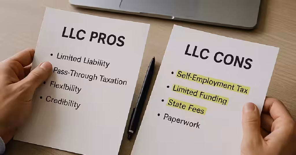 Visual showing warning signs or challenges faced by LLC owners, such as taxes, paperwork, or compliance issues.