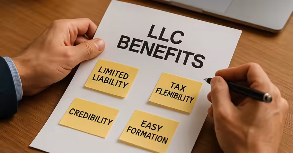 Illustration showing benefits of forming an LLC for entrepreneurs, such as liability protection, tax advantages, and business flexibility.