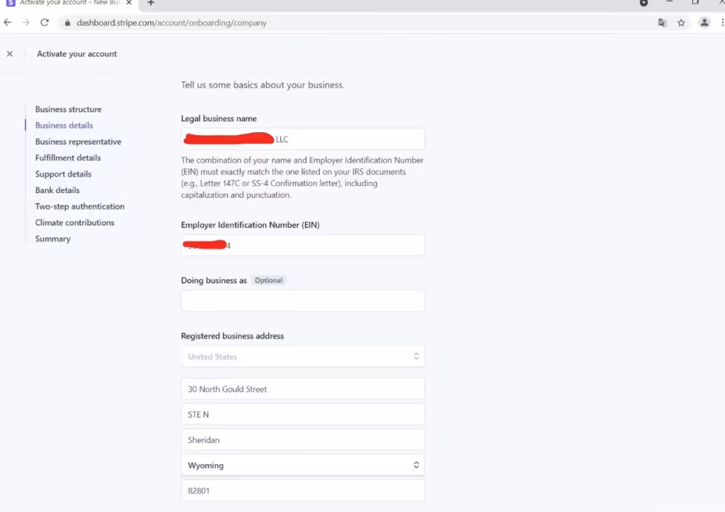 Business details - Legal business name, EIN, Doing business as, Registered business address)