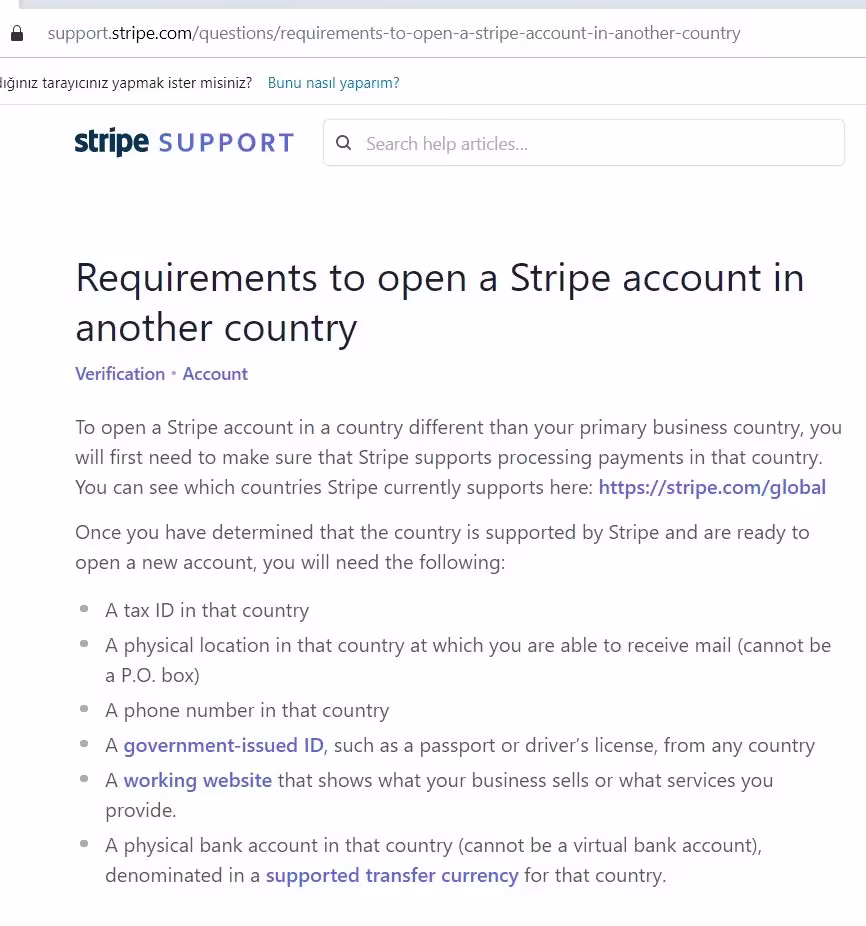Requirements to open a Stripe account in another country