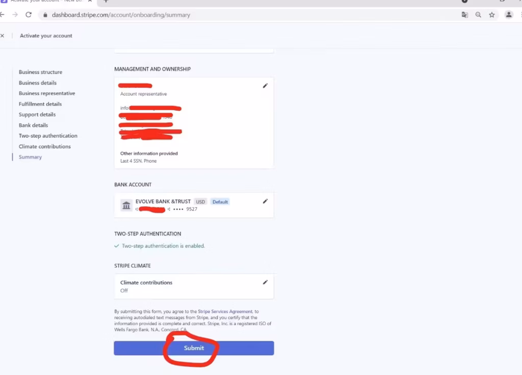Stripe Account opening Summary page