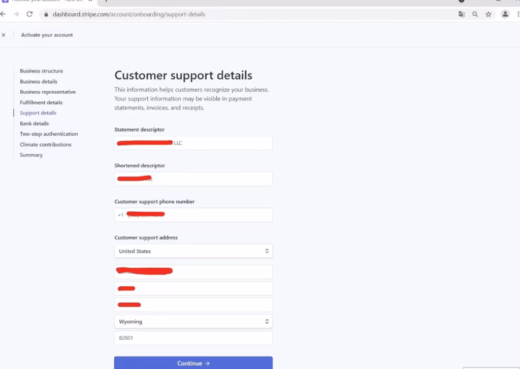 Stripe Customer support details